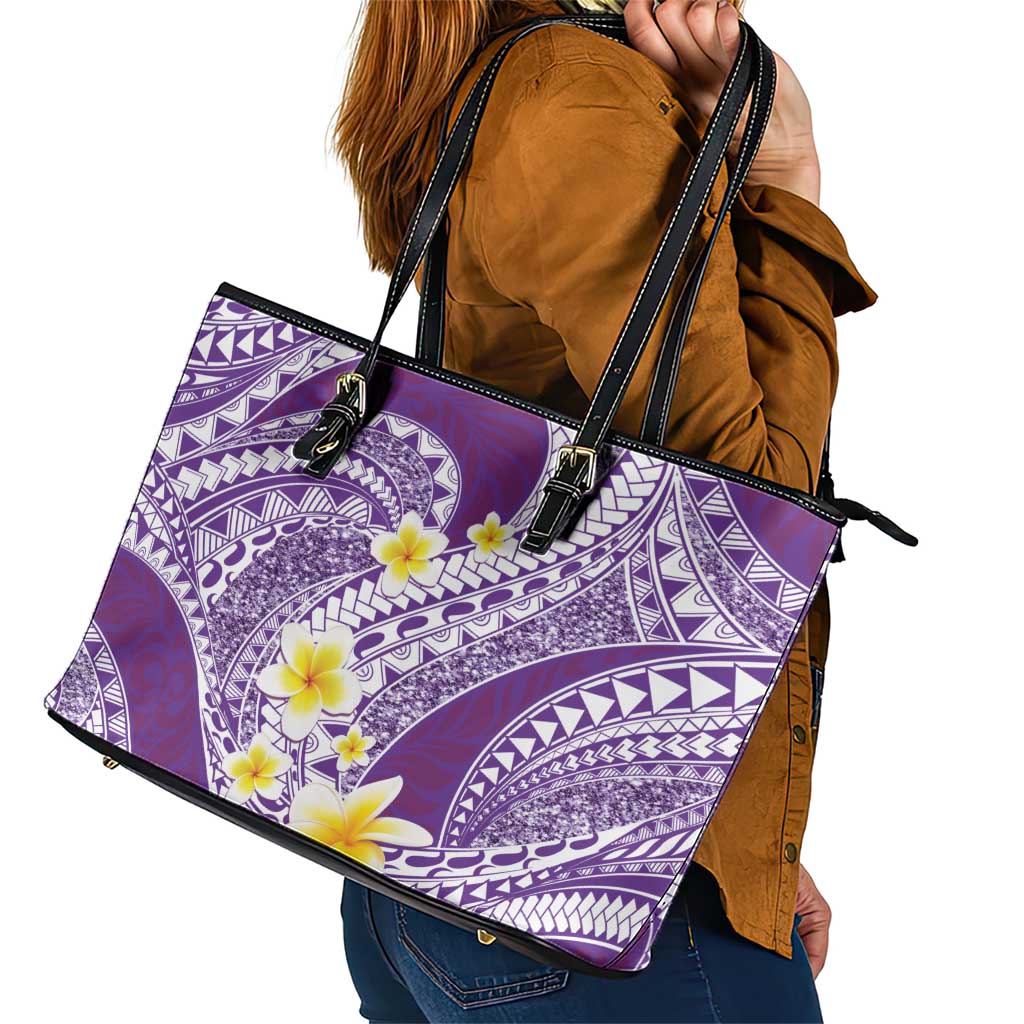 Plumeria Polynesian Purple Glitter Pattern Leather Tote Bag LT01 - Polynesian Pride