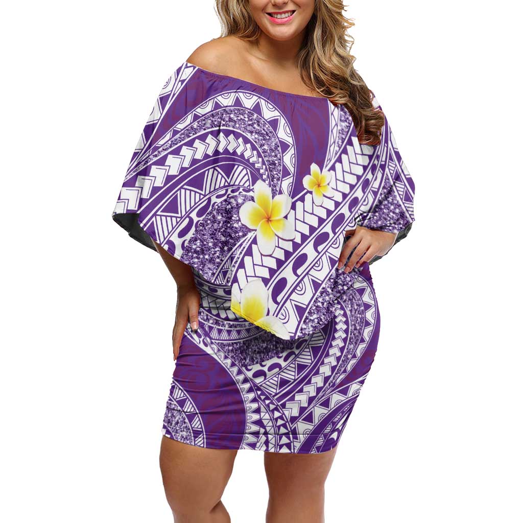 Plumeria Polynesian Purple Glitter Pattern Off Shoulder Short Dress