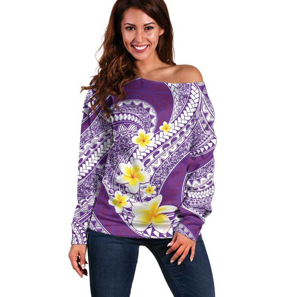Plumeria Polynesian Purple Glitter Pattern Off Shoulder Sweater