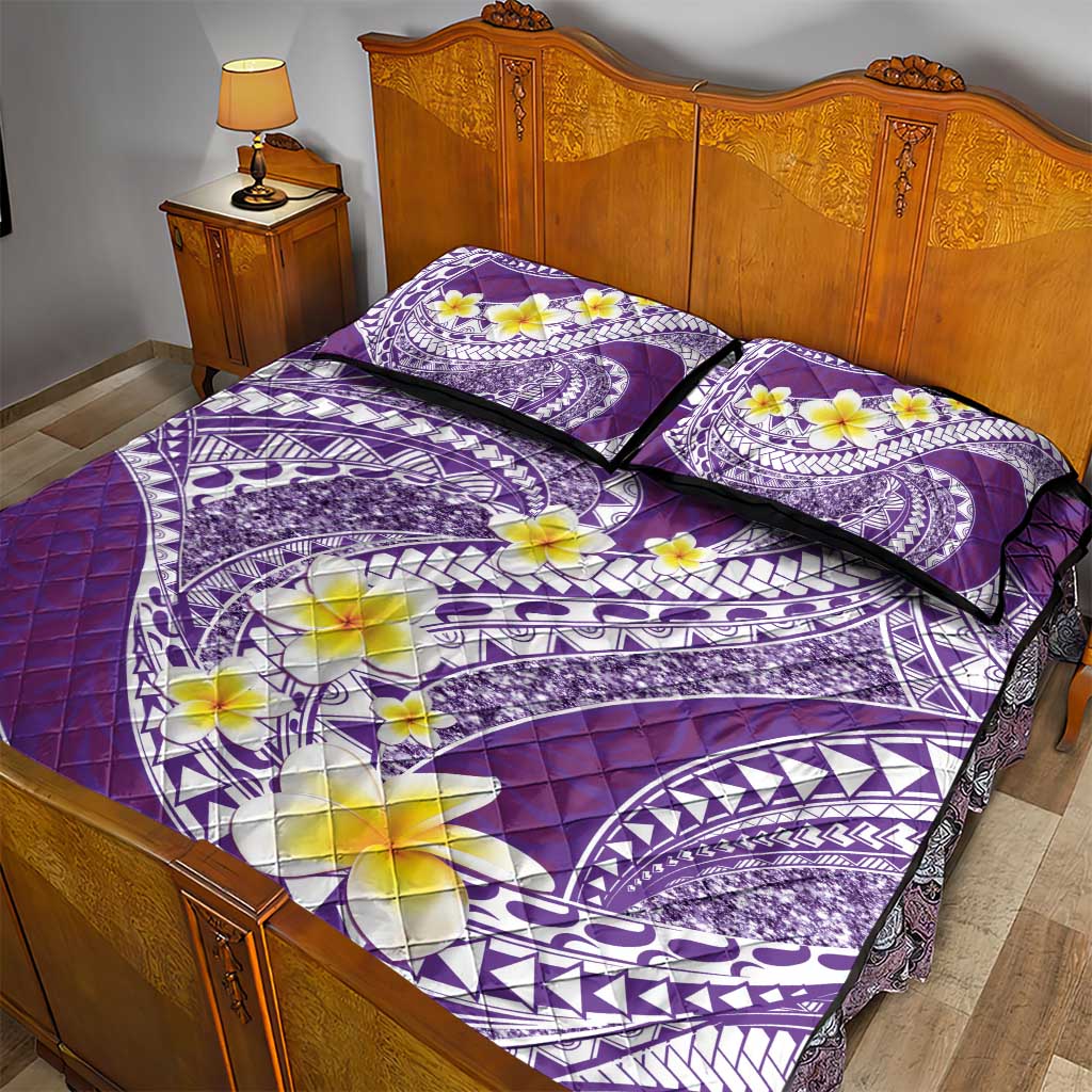 Plumeria Polynesian Purple Glitter Pattern Quilt Bed Set