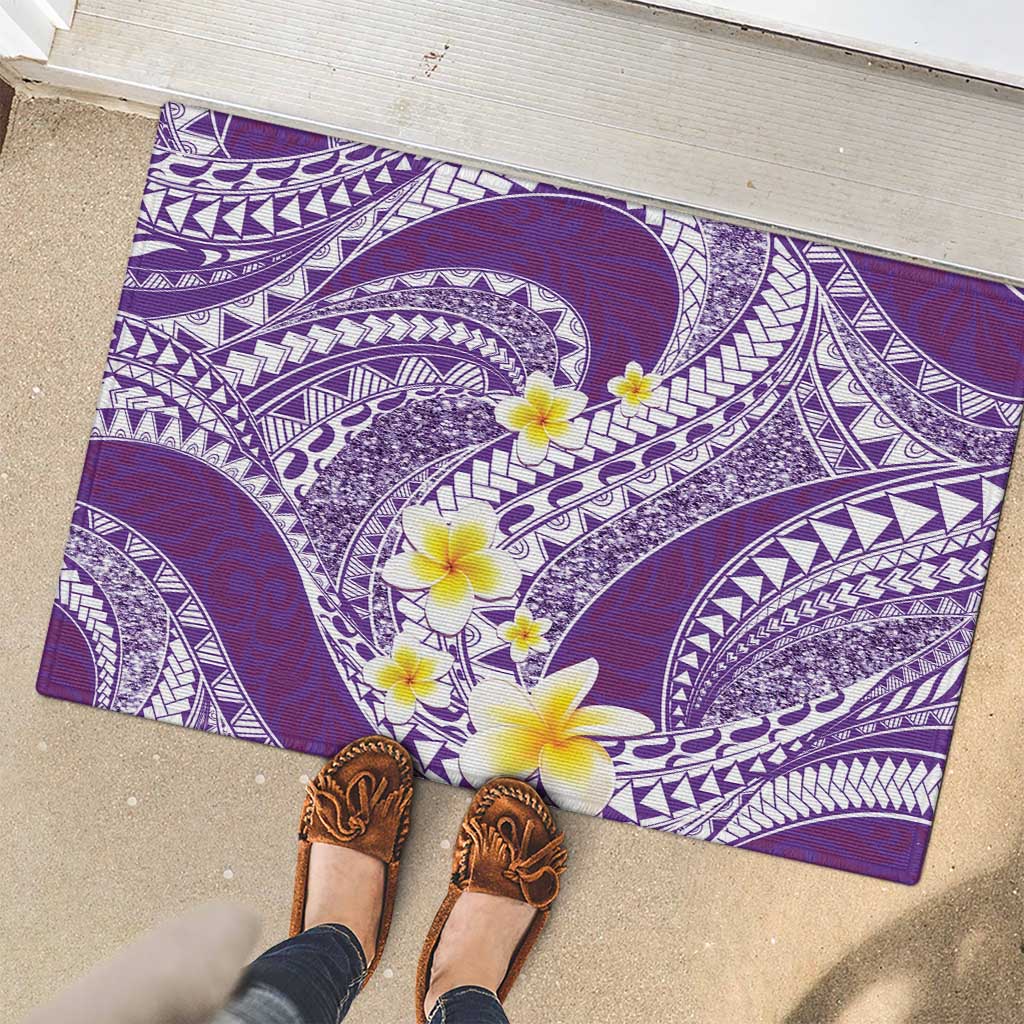 Plumeria Polynesian Purple Glitter Pattern Rubber Doormat