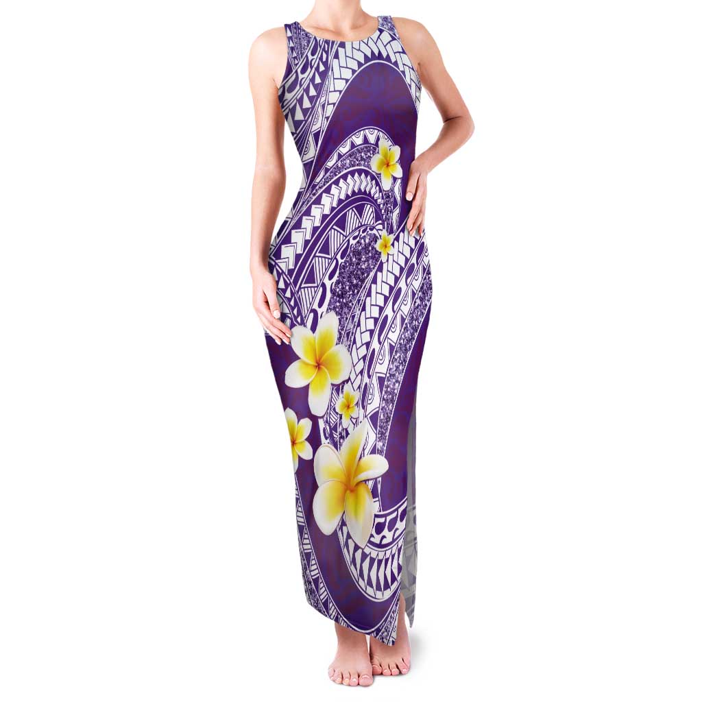Plumeria Polynesian Purple Glitter Pattern Tank Maxi Dress
