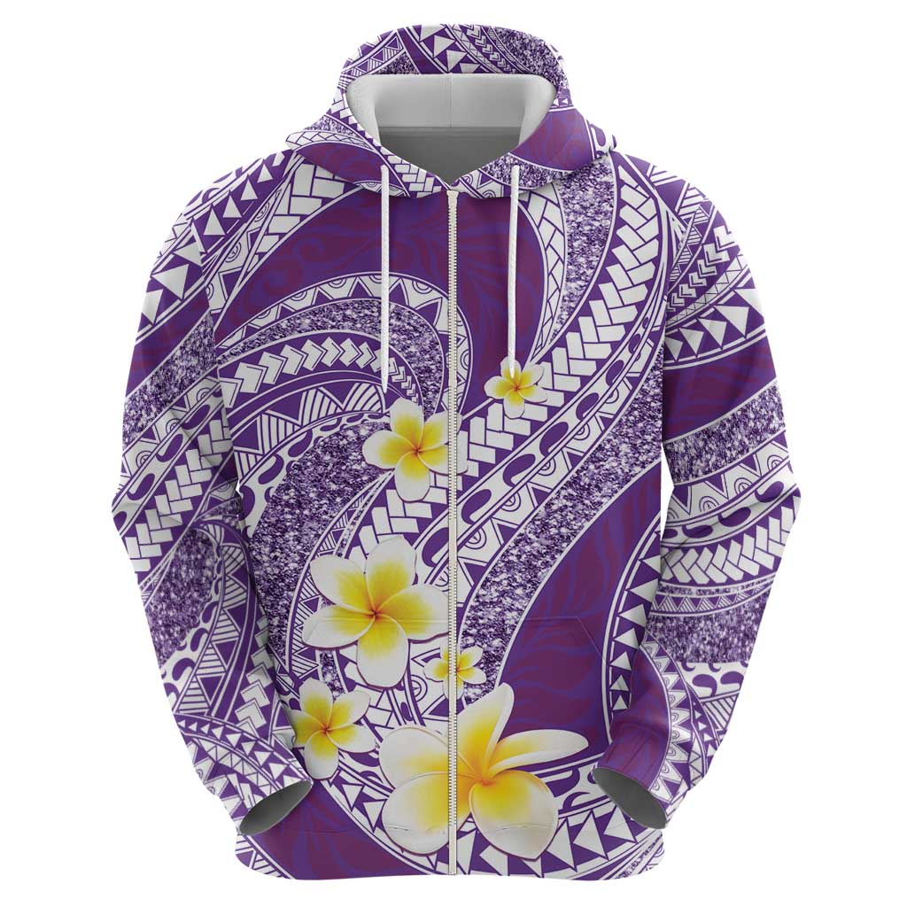 Plumeria Polynesian Purple Glitter Pattern Zip Hoodie