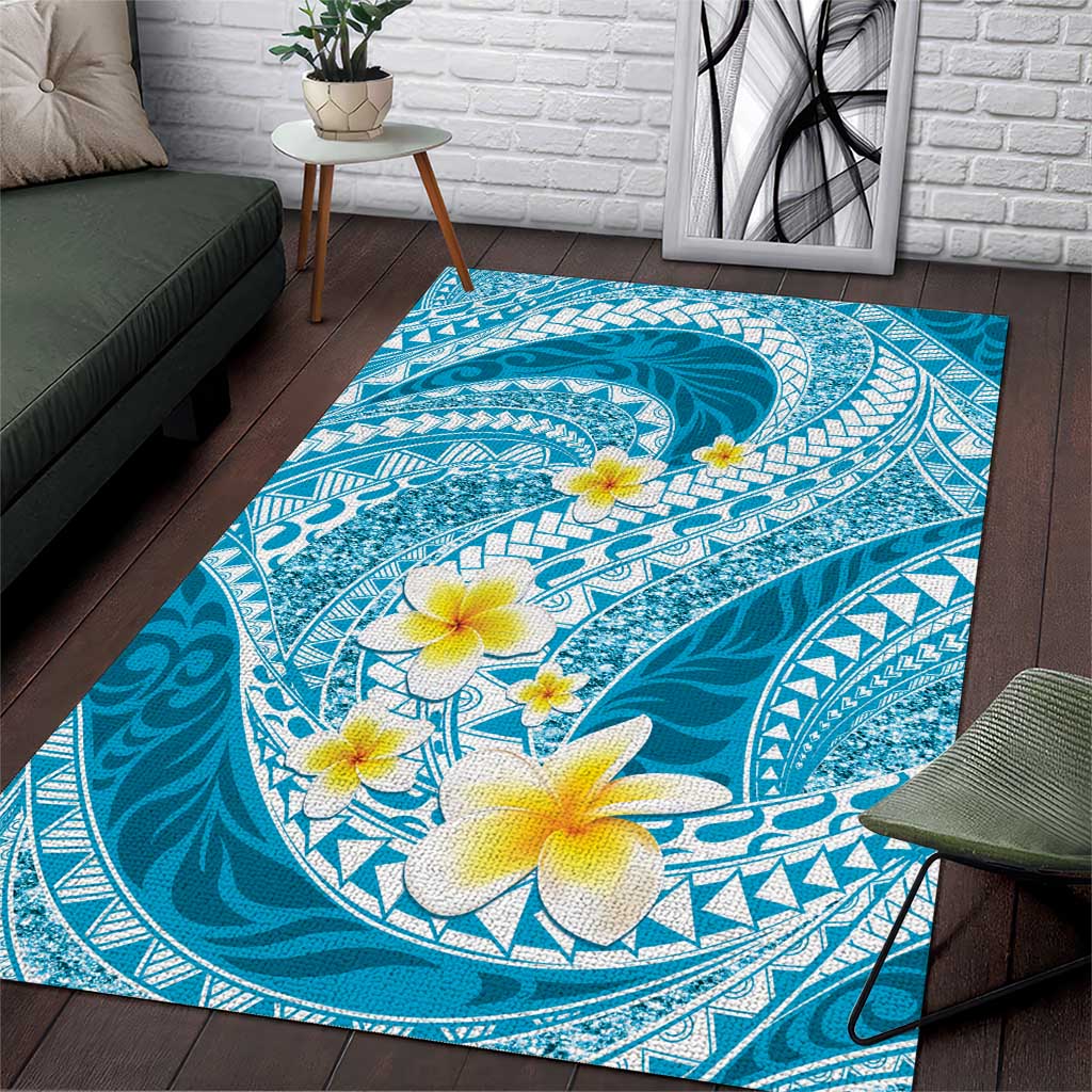 Plumeria Polynesian Sky Blue Glitter Pattern Area Rug