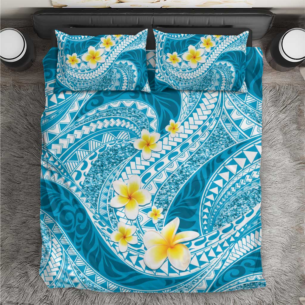 Plumeria Polynesian Sky Blue Glitter Pattern Bedding Set