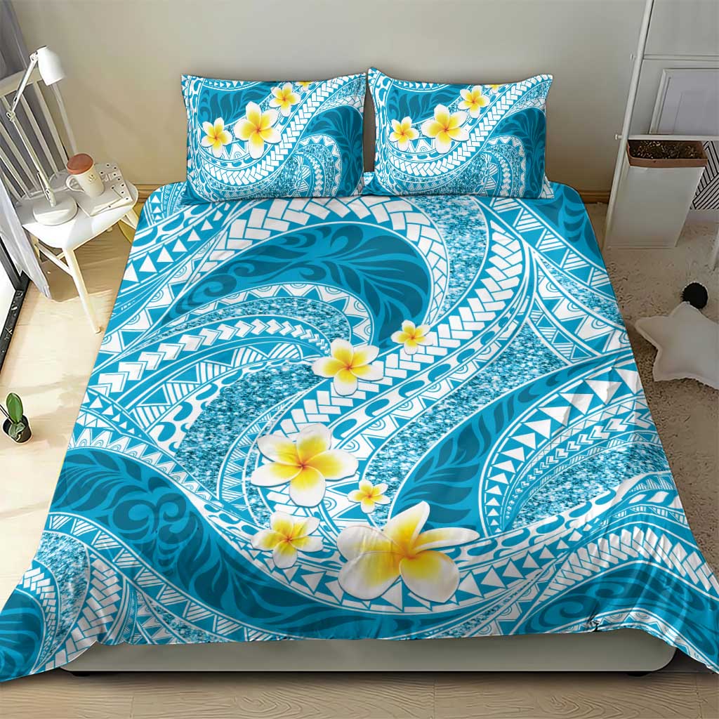 Plumeria Polynesian Sky Blue Glitter Pattern Bedding Set