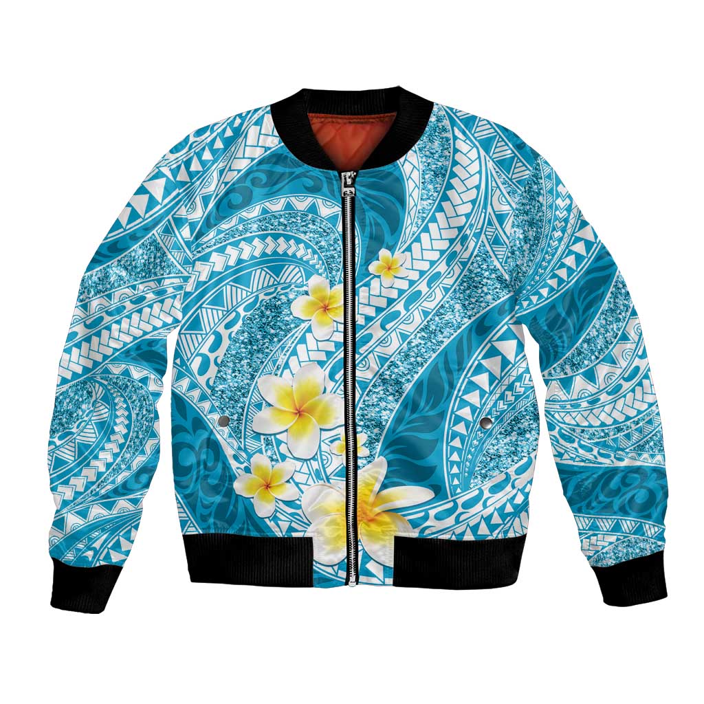 Plumeria Polynesian Sky Blue Glitter Pattern Bomber Jacket