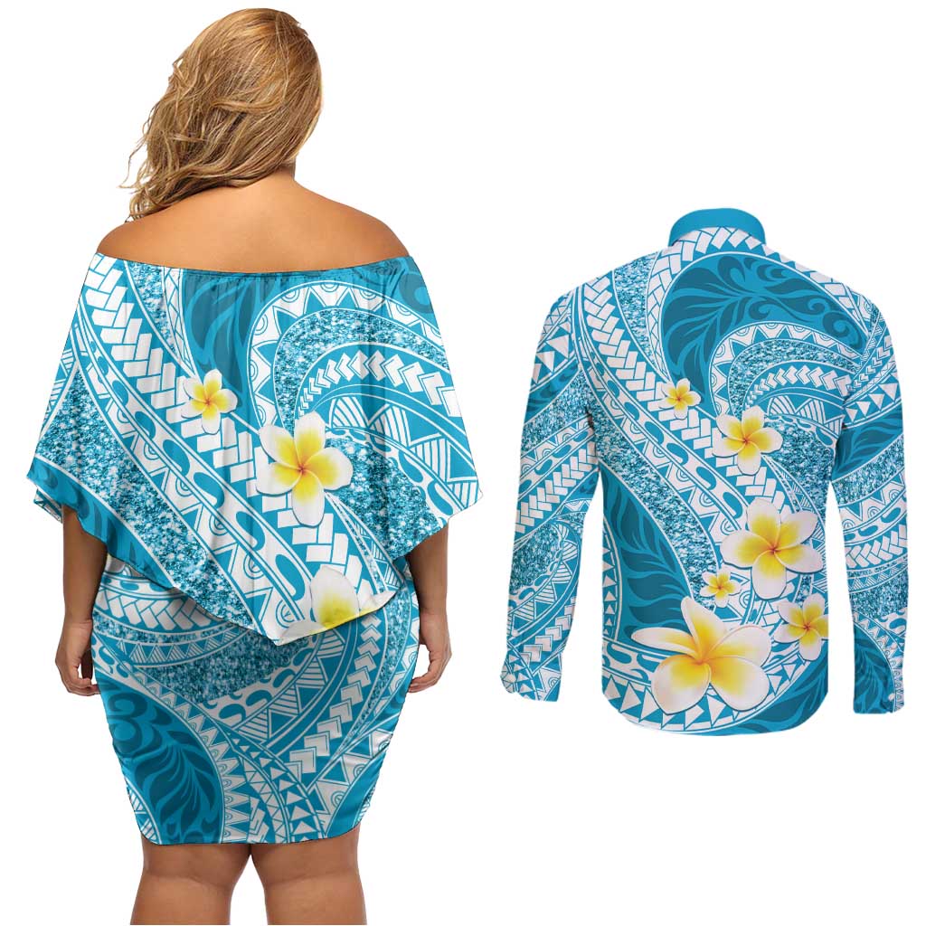 Plumeria Polynesian Sky Blue Glitter Pattern Couples Matching Off Shoulder Short Dress and Long Sleeve Button Shirt
