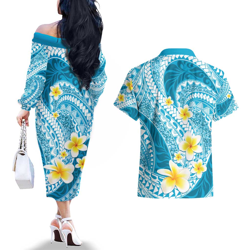 Plumeria Polynesian Sky Blue Glitter Pattern Couples Matching Off The Shoulder Long Sleeve Dress and Hawaiian Shirt