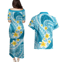 Plumeria Polynesian Sky Blue Glitter Pattern Couples Matching Puletasi and Hawaiian Shirt LT01 - Polynesian Pride
