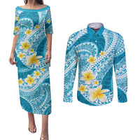 Plumeria Polynesian Sky Blue Glitter Pattern Couples Matching Puletasi and Long Sleeve Button Shirt