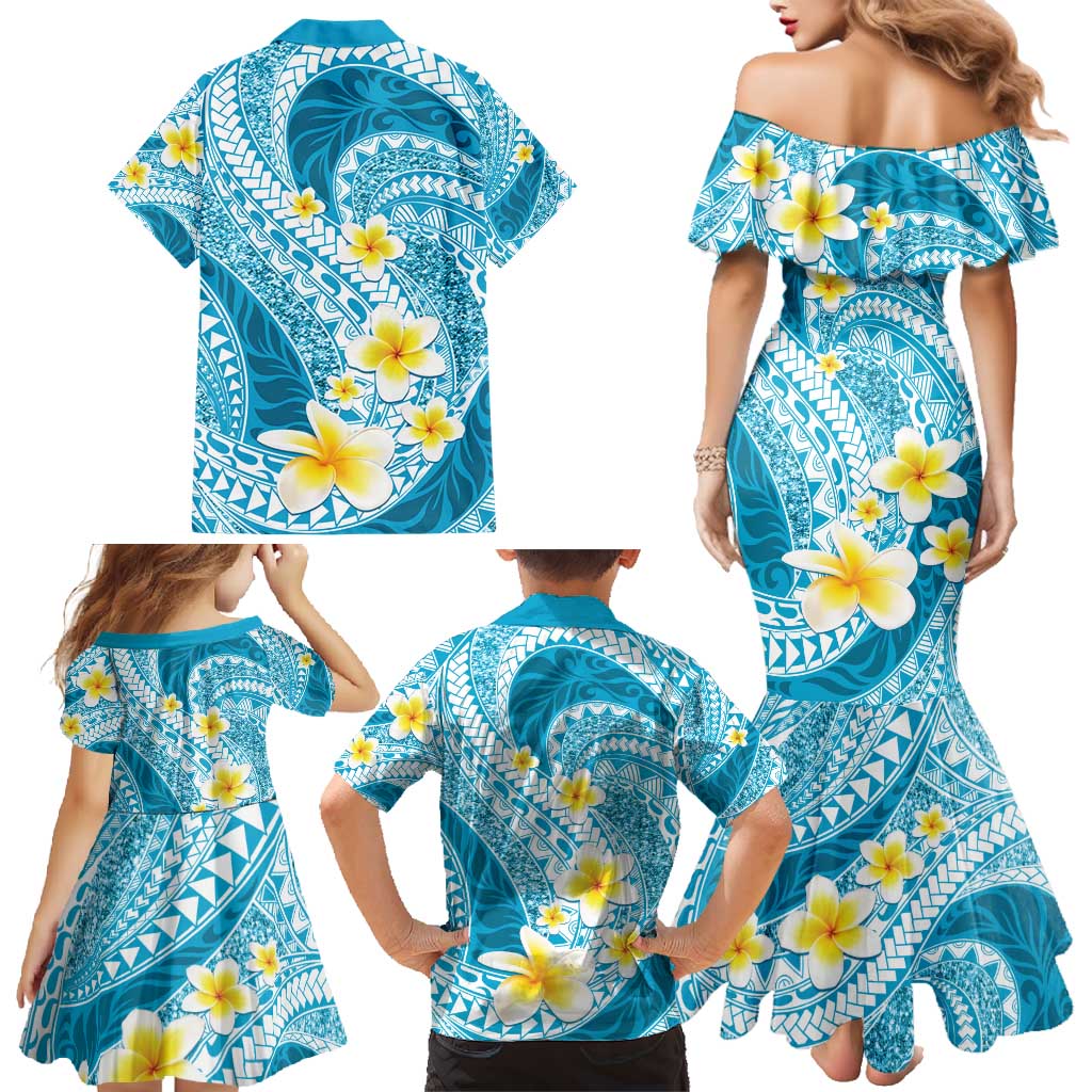 Plumeria Polynesian Sky Blue Glitter Pattern Family Matching Mermaid Dress and Hawaiian Shirt LT01 - Polynesian Pride