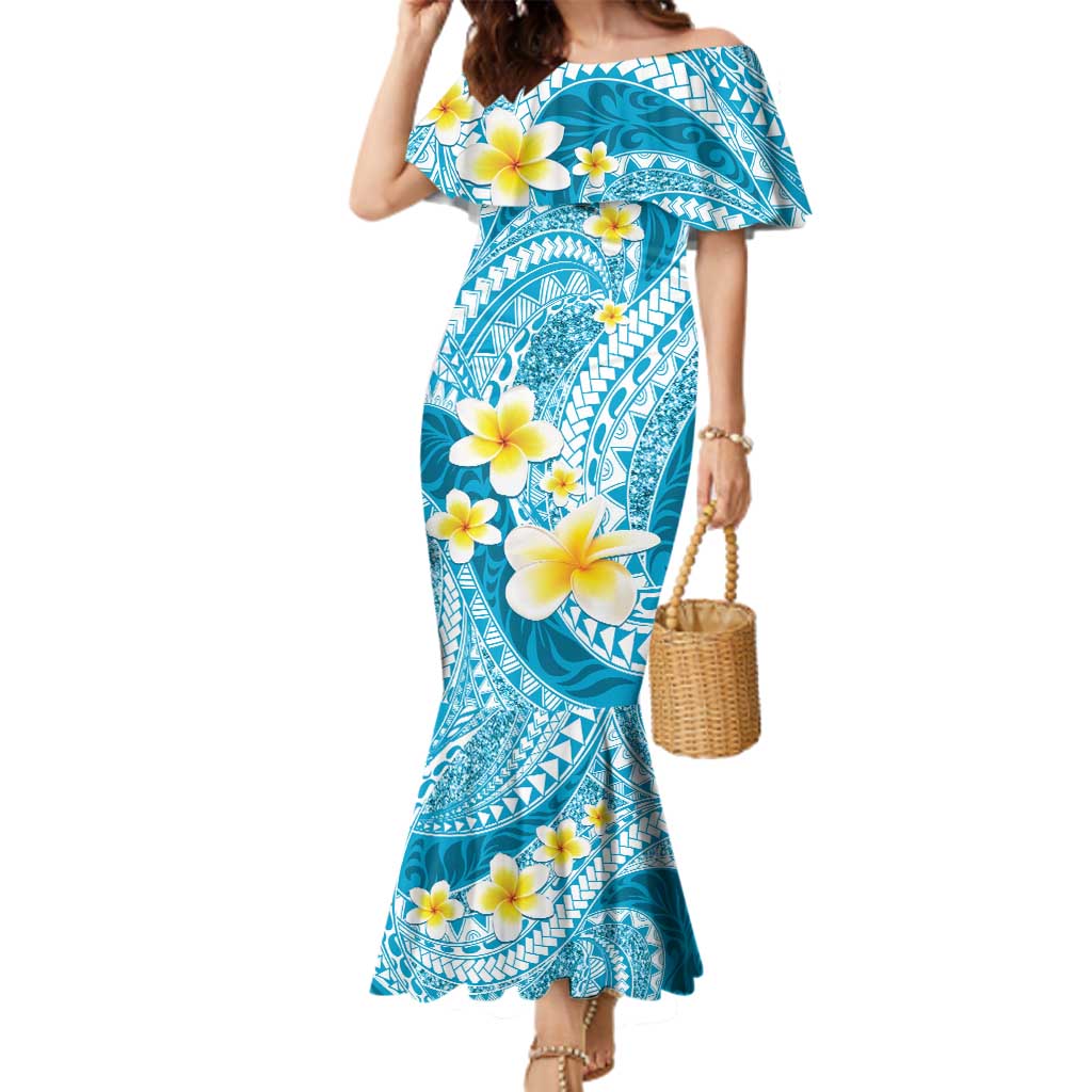 Plumeria Polynesian Sky Blue Glitter Pattern Family Matching Mermaid Dress and Hawaiian Shirt LT01 Mom's Dress Sky Blue - Polynesian Pride
