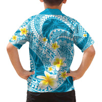 Plumeria Polynesian Sky Blue Glitter Pattern Family Matching Off The Shoulder Long Sleeve Dress and Hawaiian Shirt