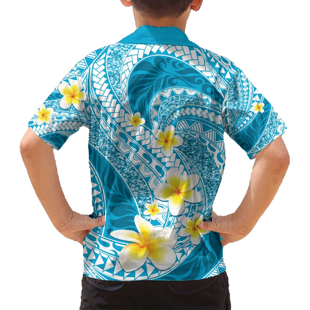 Plumeria Polynesian Sky Blue Glitter Pattern Family Matching Off Shoulder Maxi Dress and Hawaiian Shirt LT01 - Polynesian Pride