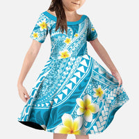 Plumeria Polynesian Sky Blue Glitter Pattern Family Matching Off Shoulder Maxi Dress and Hawaiian Shirt LT01 Daughter's Dress Sky Blue - Polynesian Pride