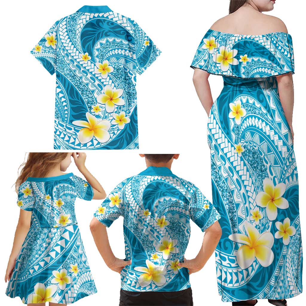 Plumeria Polynesian Sky Blue Glitter Pattern Family Matching Off Shoulder Maxi Dress and Hawaiian Shirt LT01 - Polynesian Pride