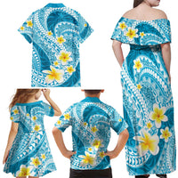 Plumeria Polynesian Sky Blue Glitter Pattern Family Matching Off Shoulder Maxi Dress and Hawaiian Shirt LT01 - Polynesian Pride