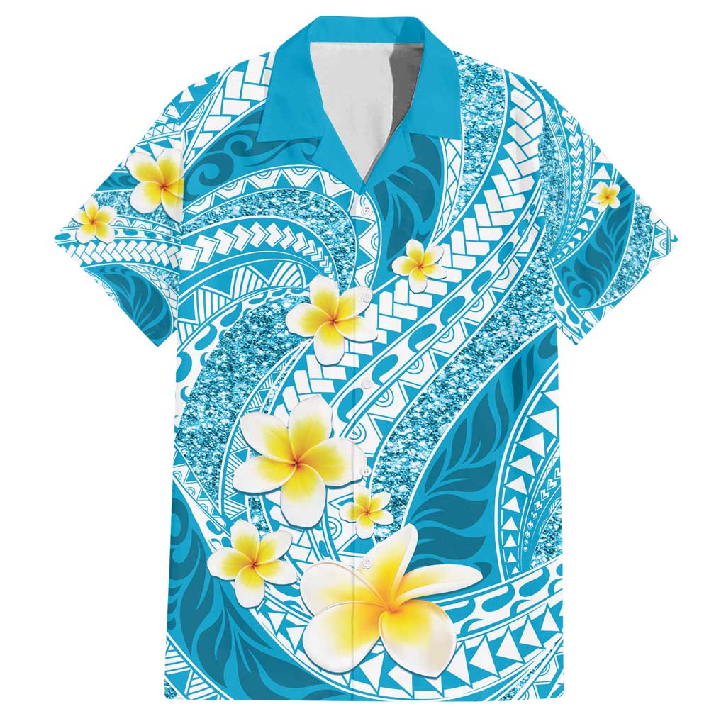 Plumeria Polynesian Sky Blue Glitter Pattern Family Matching Off Shoulder Maxi Dress and Hawaiian Shirt LT01 Dad's Shirt - Short Sleeve Sky Blue - Polynesian Pride
