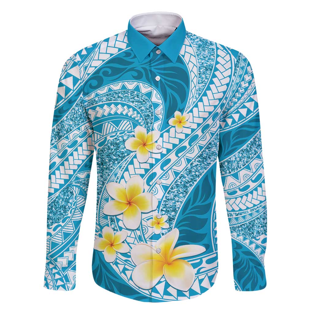 Plumeria Polynesian Sky Blue Glitter Pattern Family Matching Off Shoulder Maxi Dress and Hawaiian Shirt LT01 Dad's Shirt - Long Sleeve Sky Blue - Polynesian Pride