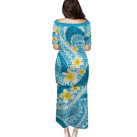 Plumeria Polynesian Sky Blue Glitter Pattern Family Matching Puletasi and Hawaiian Shirt