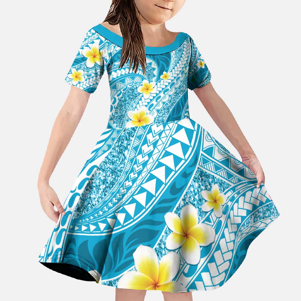 Plumeria Polynesian Sky Blue Glitter Pattern Family Matching Short Sleeve Bodycon Dress and Hawaiian Shirt LT01 Daughter's Dress Sky Blue - Polynesian Pride
