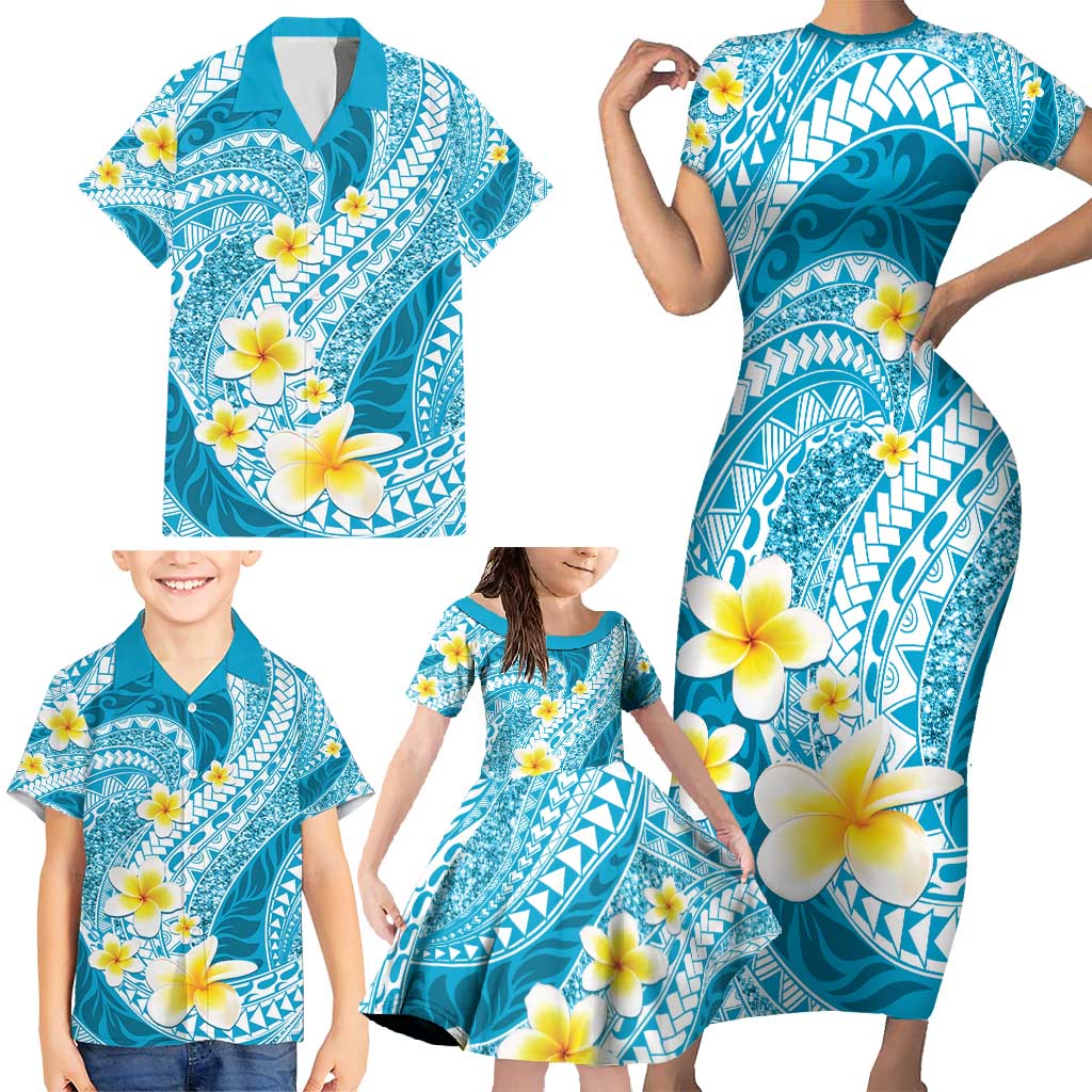 Plumeria Polynesian Sky Blue Glitter Pattern Family Matching Short Sleeve Bodycon Dress and Hawaiian Shirt LT01 - Polynesian Pride