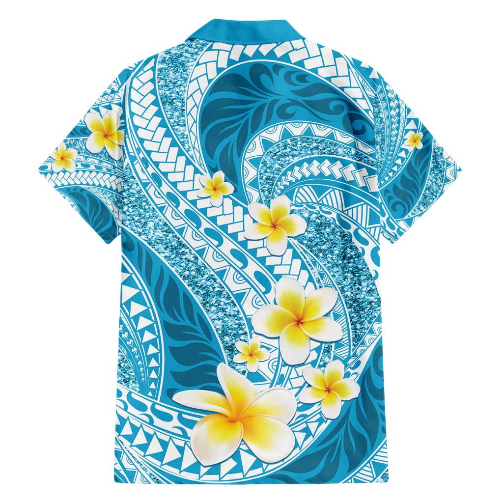 Plumeria Polynesian Sky Blue Glitter Pattern Family Matching Short Sleeve Bodycon Dress and Hawaiian Shirt LT01 - Polynesian Pride