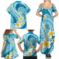 Plumeria Polynesian Sky Blue Glitter Pattern Family Matching Summer Maxi Dress and Hawaiian Shirt LT01 - Polynesian Pride