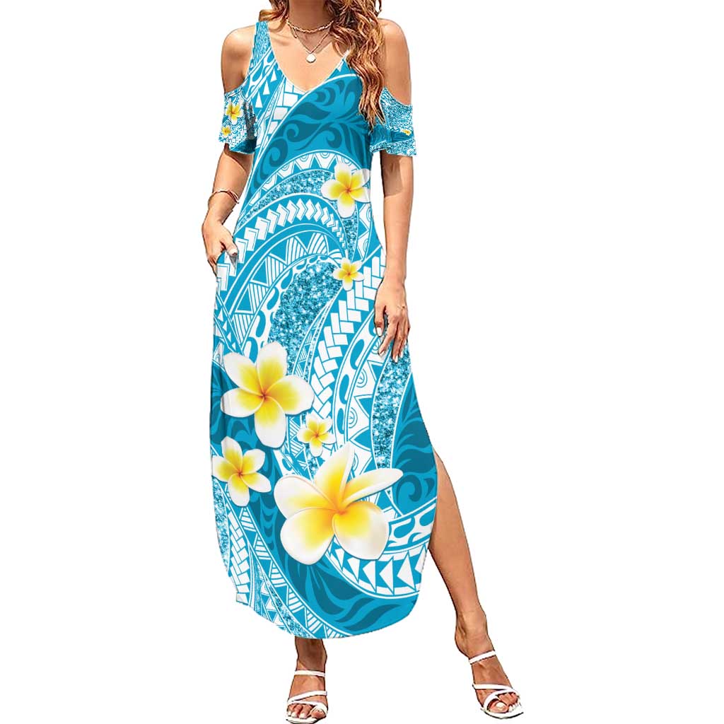 Plumeria Polynesian Sky Blue Glitter Pattern Family Matching Summer Maxi Dress and Hawaiian Shirt LT01 Mom's Dress Sky Blue - Polynesian Pride