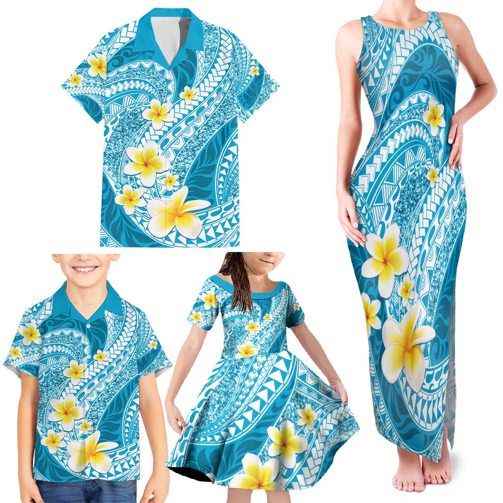 Plumeria Polynesian Sky Blue Glitter Pattern Family Matching Tank Maxi Dress and Hawaiian Shirt LT01 - Polynesian Pride