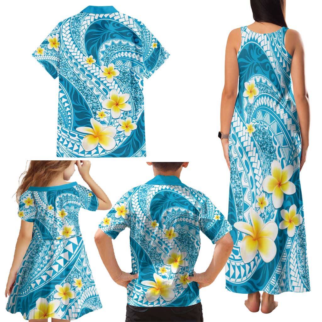 Plumeria Polynesian Sky Blue Glitter Pattern Family Matching Tank Maxi Dress and Hawaiian Shirt LT01 - Polynesian Pride