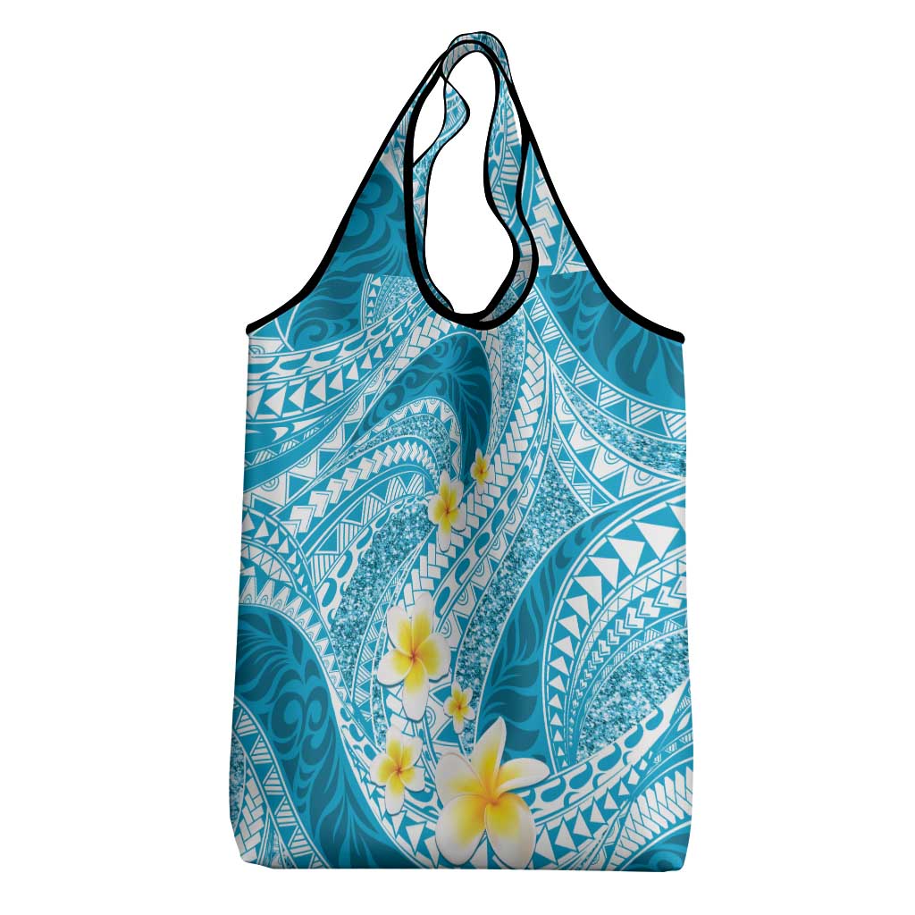 Plumeria Polynesian Sky Blue Glitter Pattern Grocery Bag
