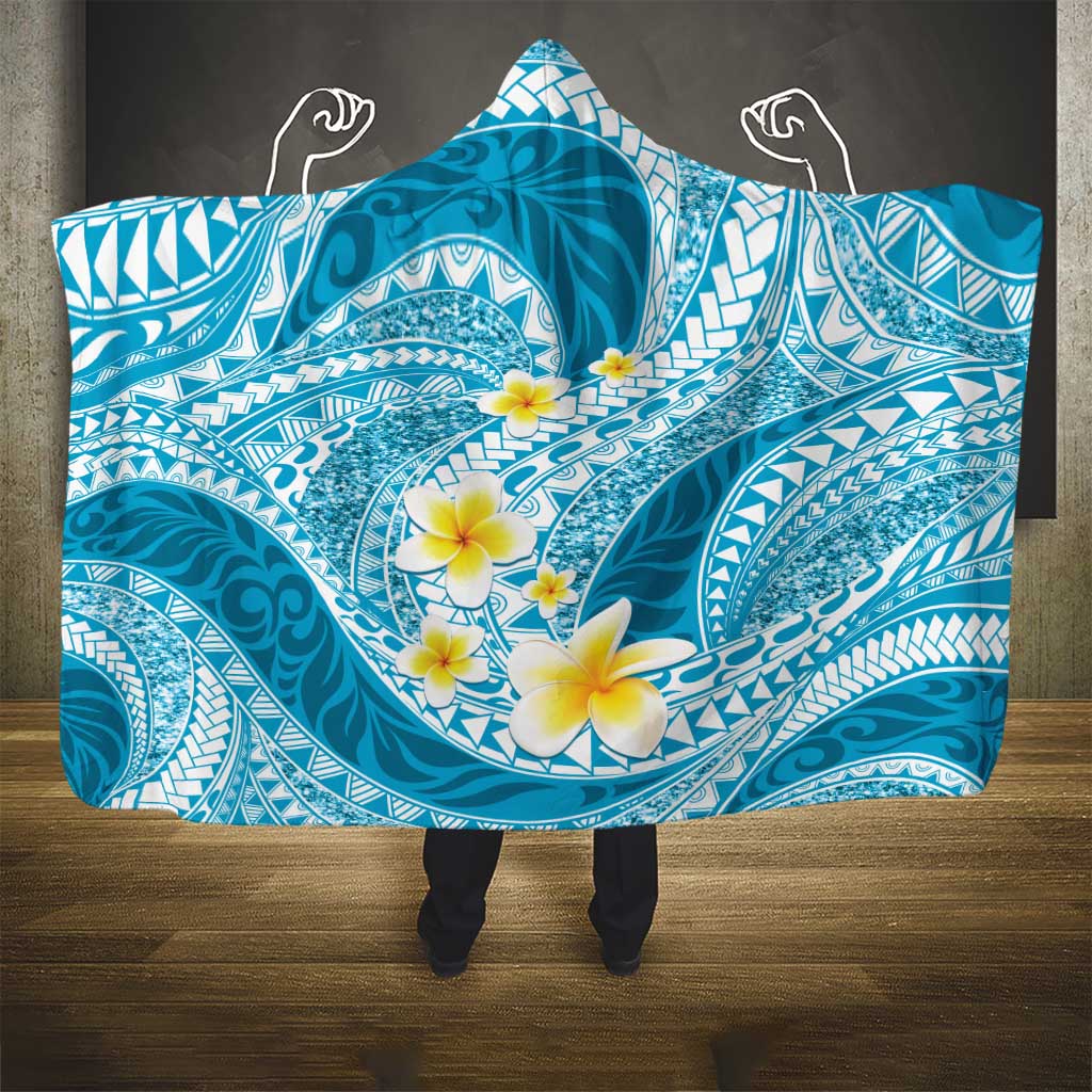 Plumeria Polynesian Sky Blue Glitter Pattern Hooded Blanket