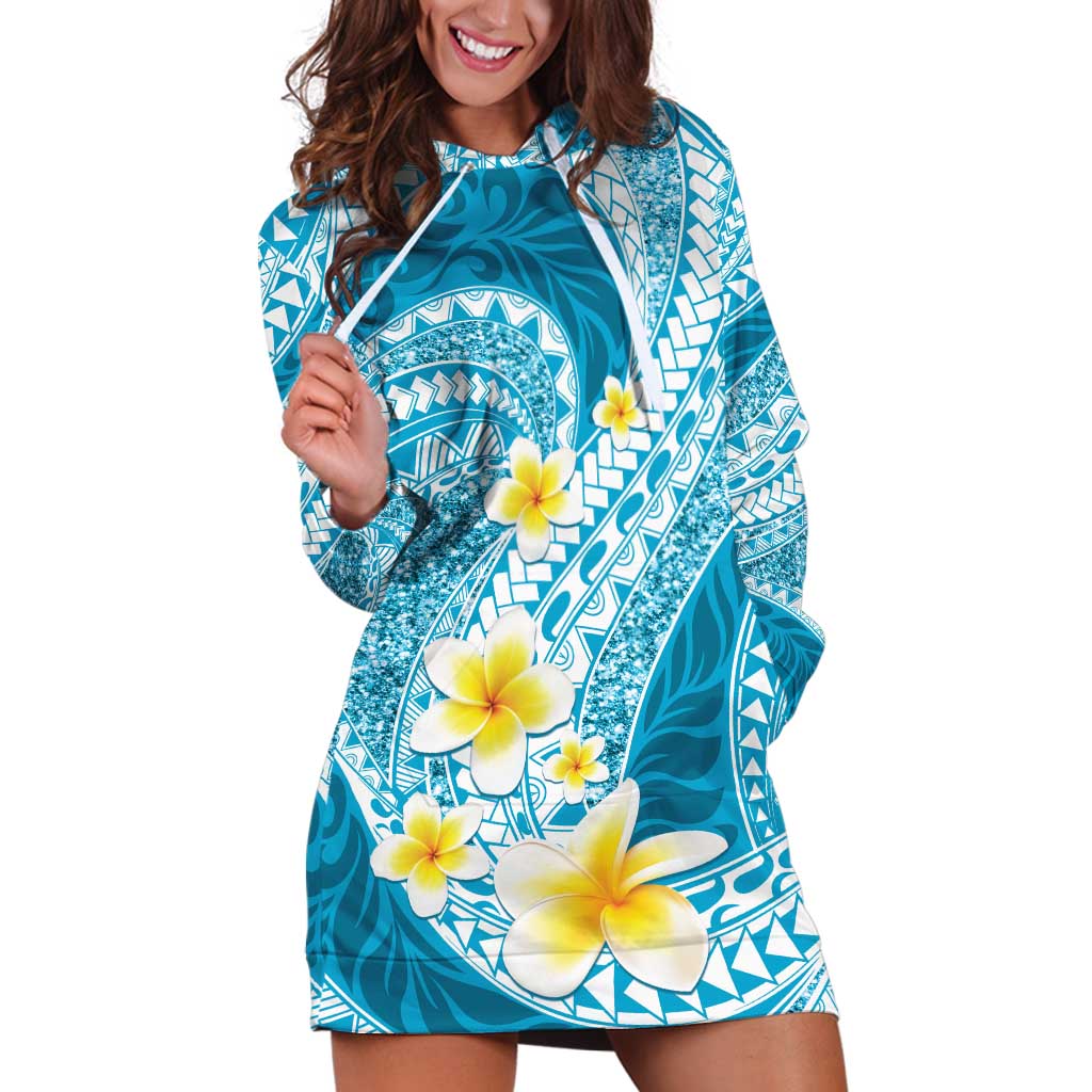 Plumeria Polynesian Sky Blue Glitter Pattern Hoodie Dress