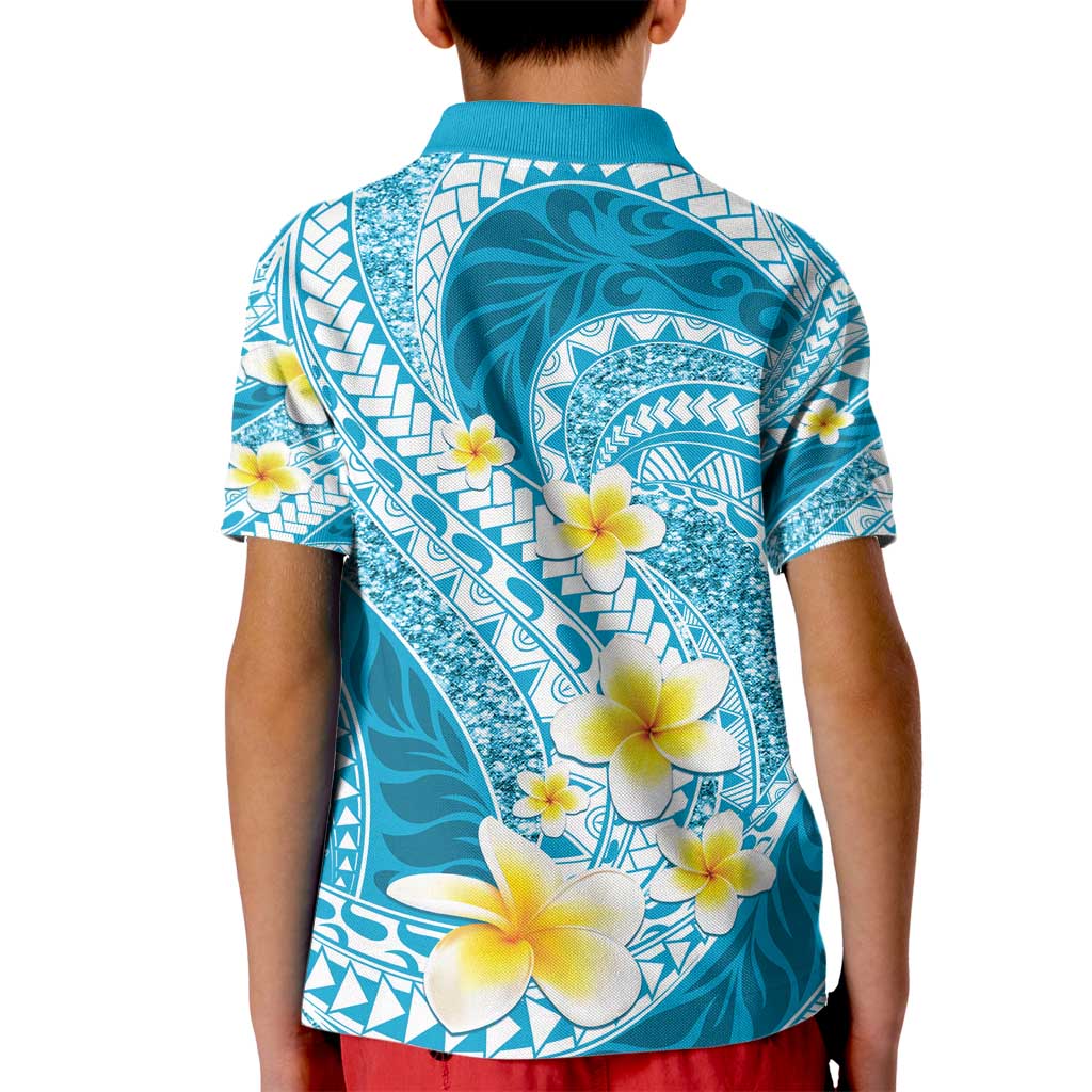Plumeria Polynesian Sky Blue Glitter Pattern Kid Polo Shirt LT01 - Polynesian Pride