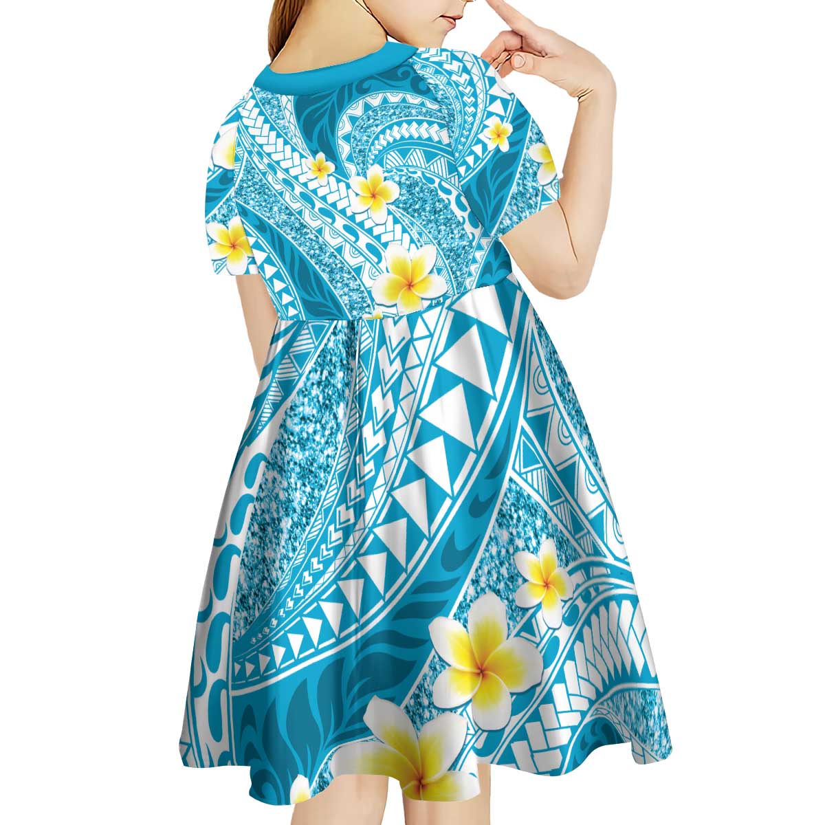 Plumeria Polynesian Sky Blue Glitter Pattern Kid Short Sleeve Dress