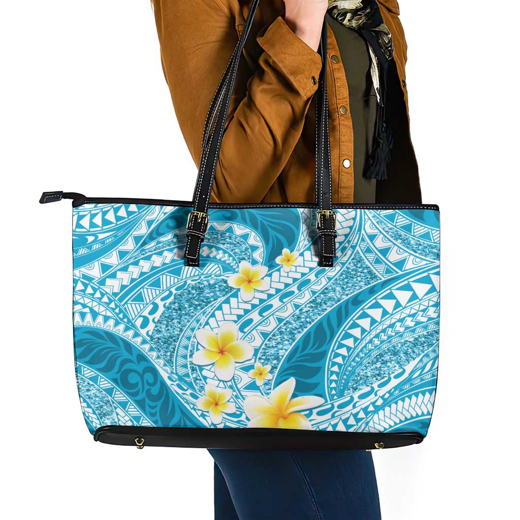 Plumeria Polynesian Sky Blue Glitter Pattern Leather Tote Bag LT01 - Polynesian Pride
