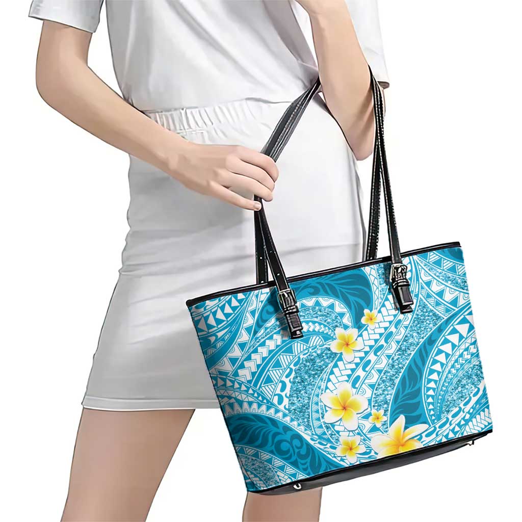 Plumeria Polynesian Sky Blue Glitter Pattern Leather Tote Bag LT01 - Polynesian Pride