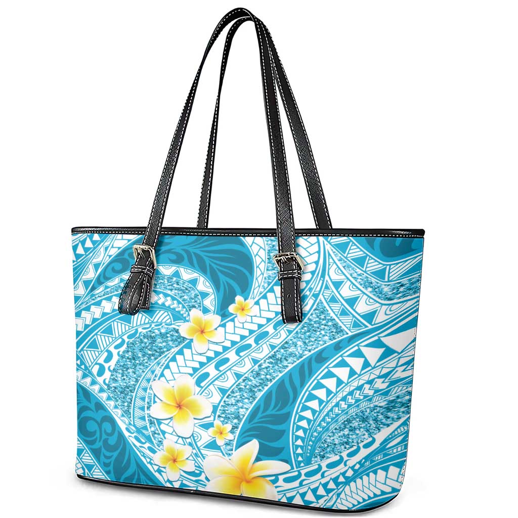 Plumeria Polynesian Sky Blue Glitter Pattern Leather Tote Bag LT01 - Polynesian Pride