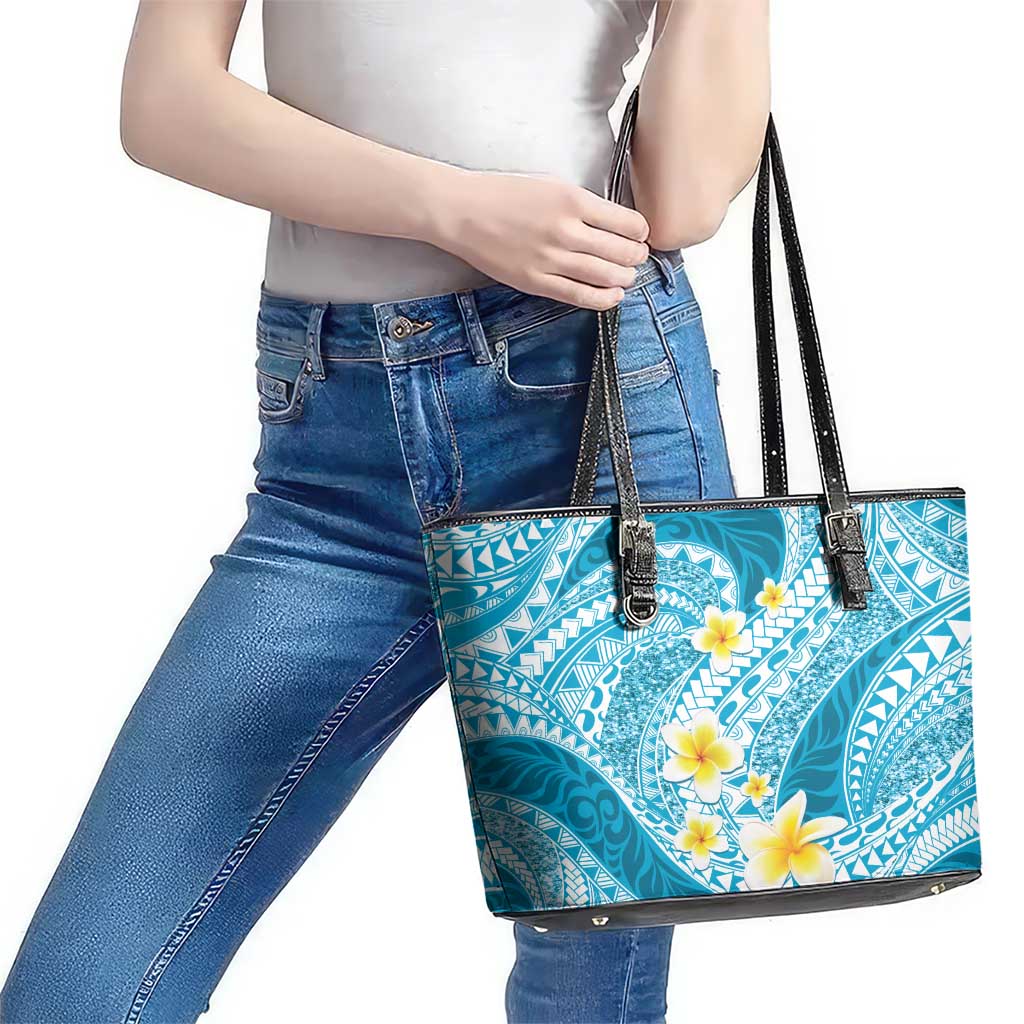 Plumeria Polynesian Sky Blue Glitter Pattern Leather Tote Bag LT01 - Polynesian Pride