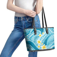 Plumeria Polynesian Sky Blue Glitter Pattern Leather Tote Bag LT01 - Polynesian Pride