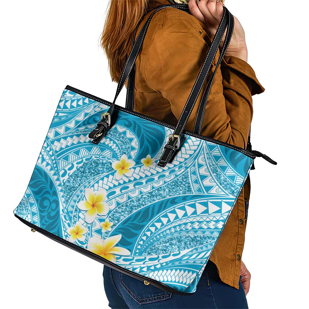Plumeria Polynesian Sky Blue Glitter Pattern Leather Tote Bag LT01 - Polynesian Pride