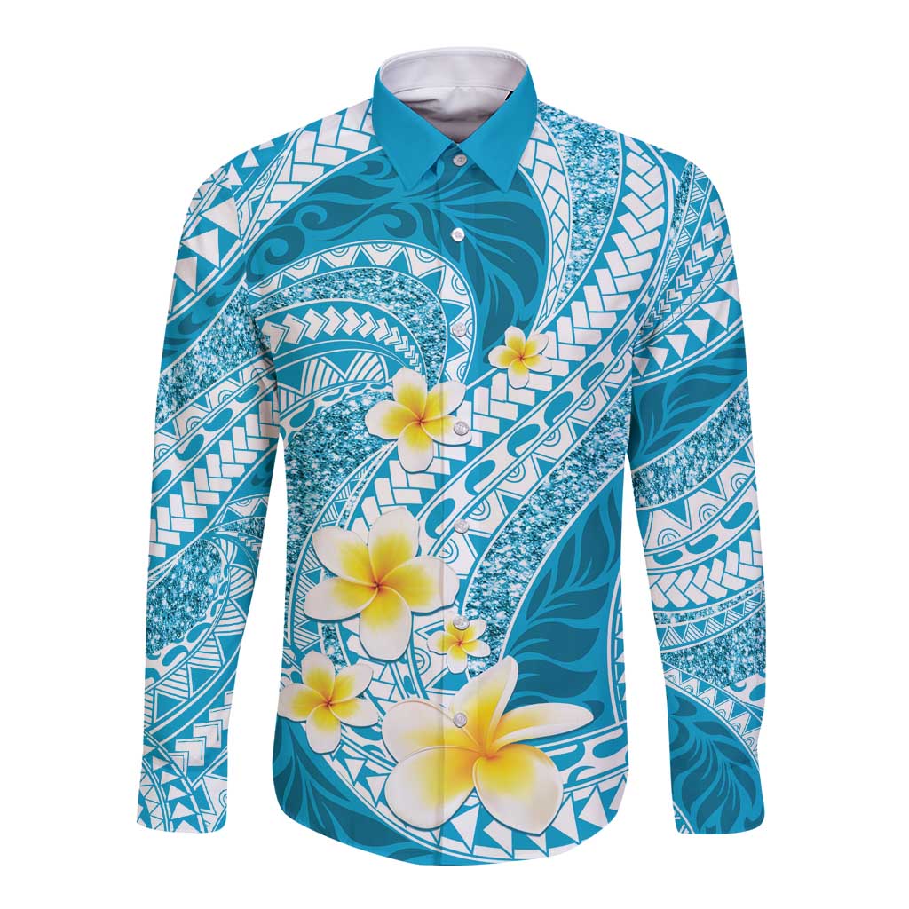 Plumeria Polynesian Sky Blue Glitter Pattern Long Sleeve Button Shirt