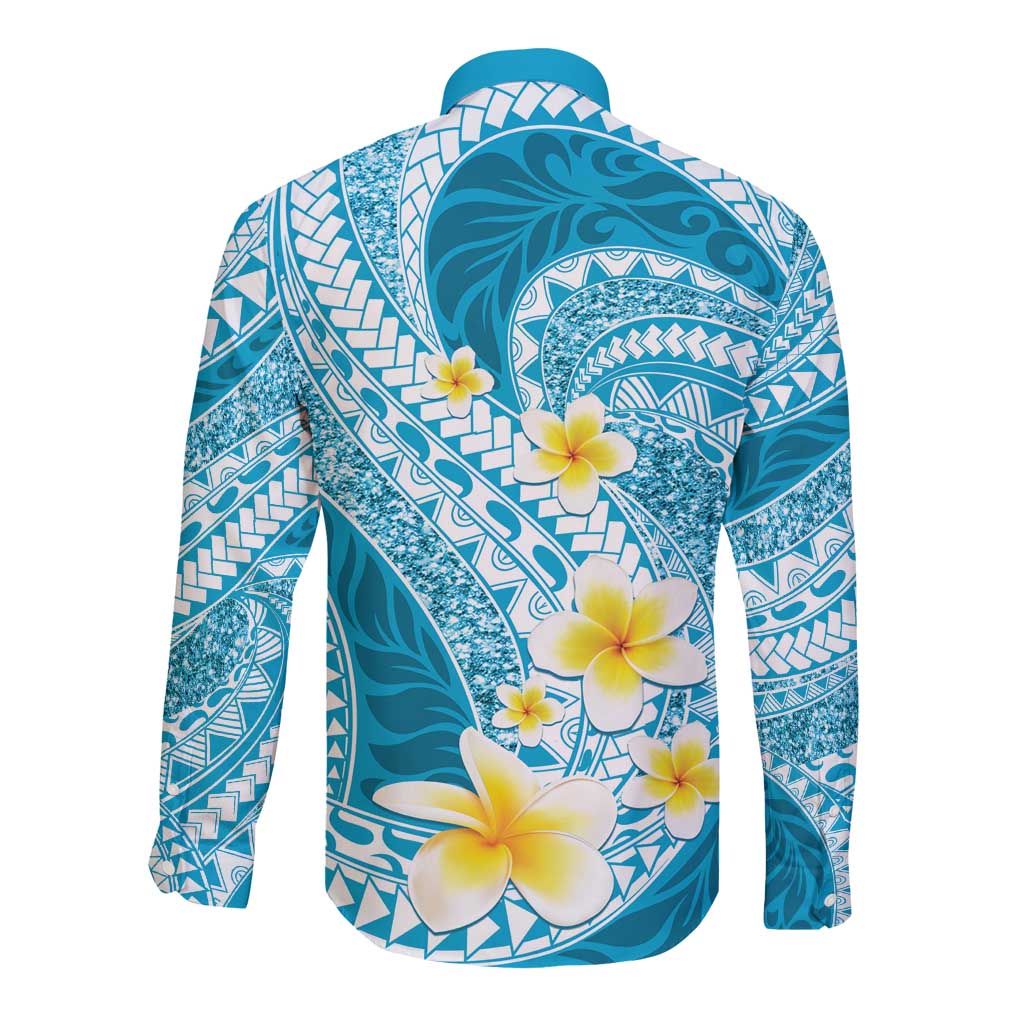Plumeria Polynesian Sky Blue Glitter Pattern Long Sleeve Button Shirt