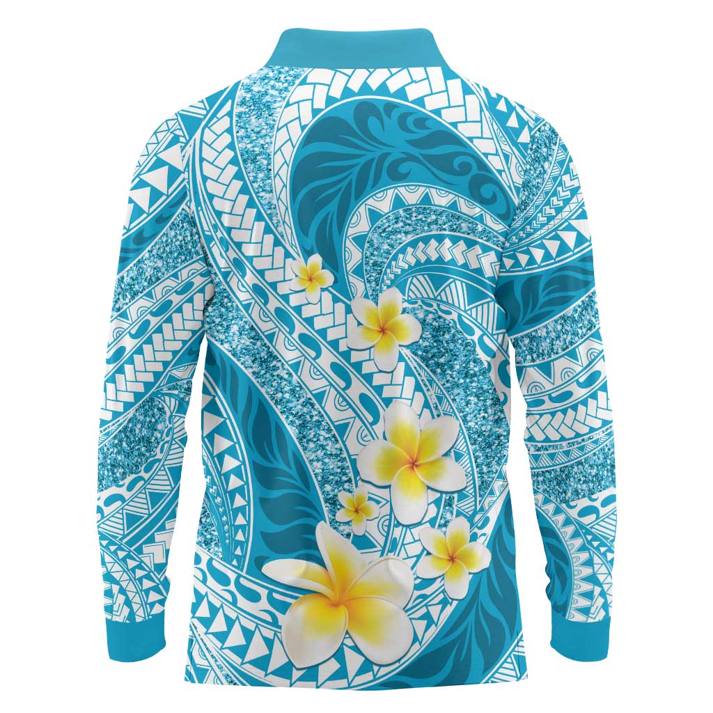 Plumeria Polynesian Sky Blue Glitter Pattern Long Sleeve Polo Shirt LT01 - Polynesian Pride