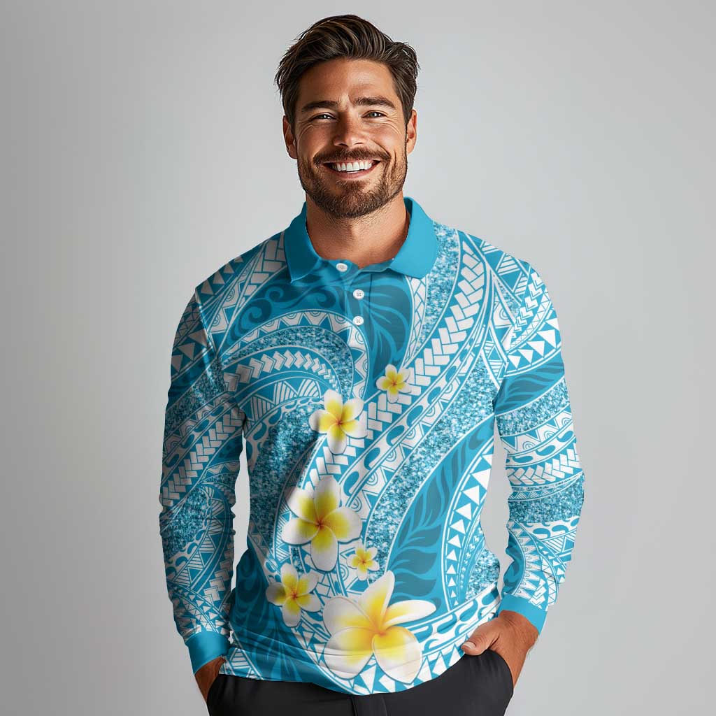 Plumeria Polynesian Sky Blue Glitter Pattern Long Sleeve Polo Shirt LT01 - Polynesian Pride