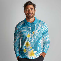 Plumeria Polynesian Sky Blue Glitter Pattern Long Sleeve Polo Shirt LT01 - Polynesian Pride