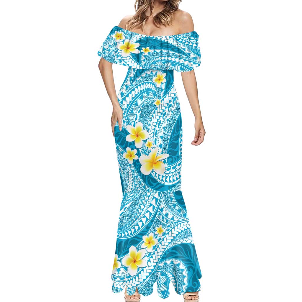 Plumeria Polynesian Sky Blue Glitter Pattern Mermaid Dress