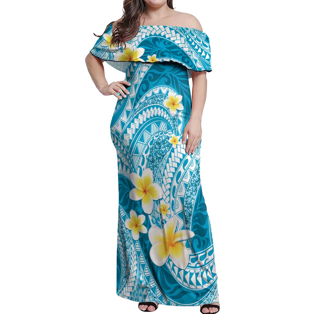 Plumeria Polynesian Sky Blue Glitter Pattern Off Shoulder Maxi Dress